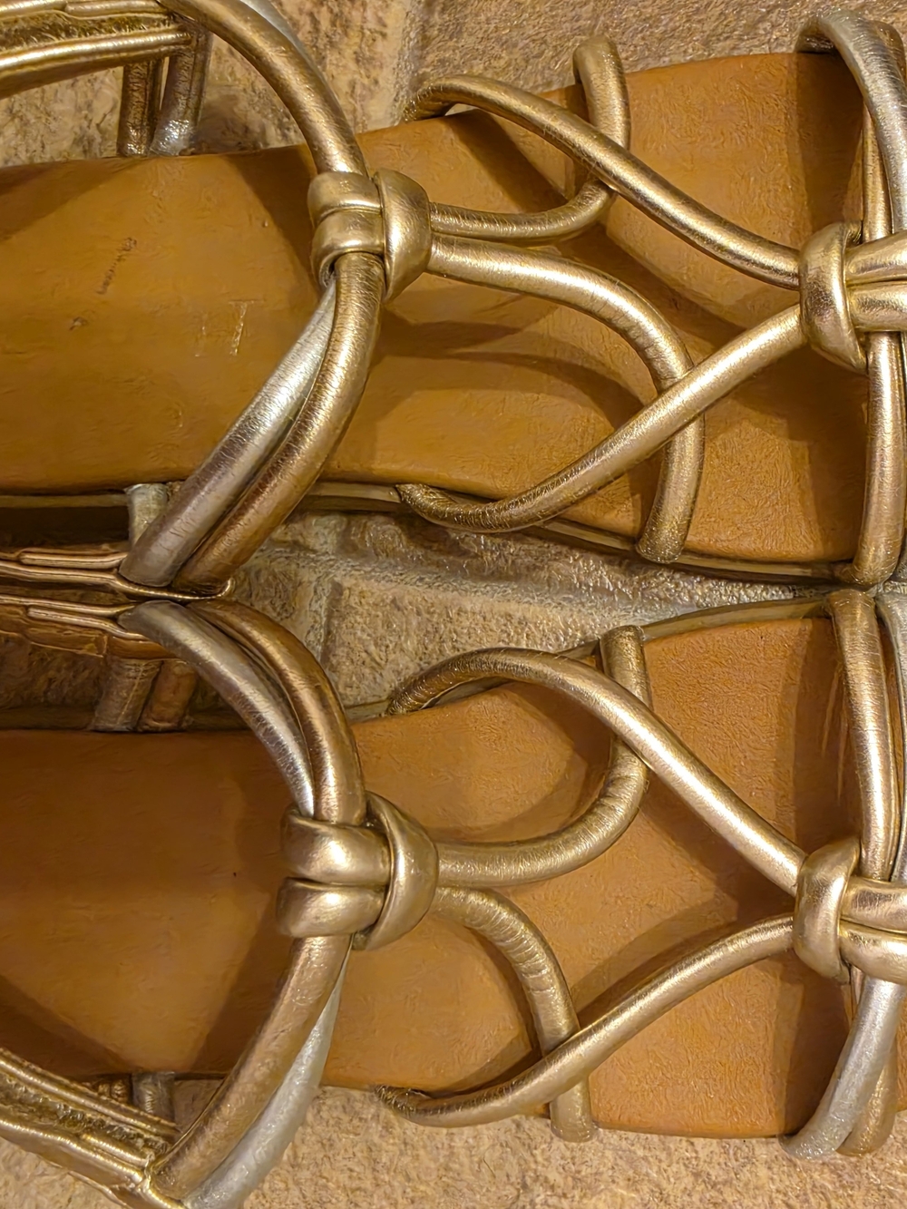 Gold Strappy Slide Sandals with Tan Footbed